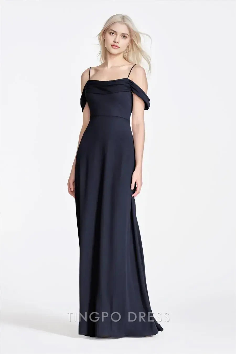TingPo Wholesale Simple Black Spaghetti Strap Off-Shoulder Dress - Draped Neckline Evening Gown